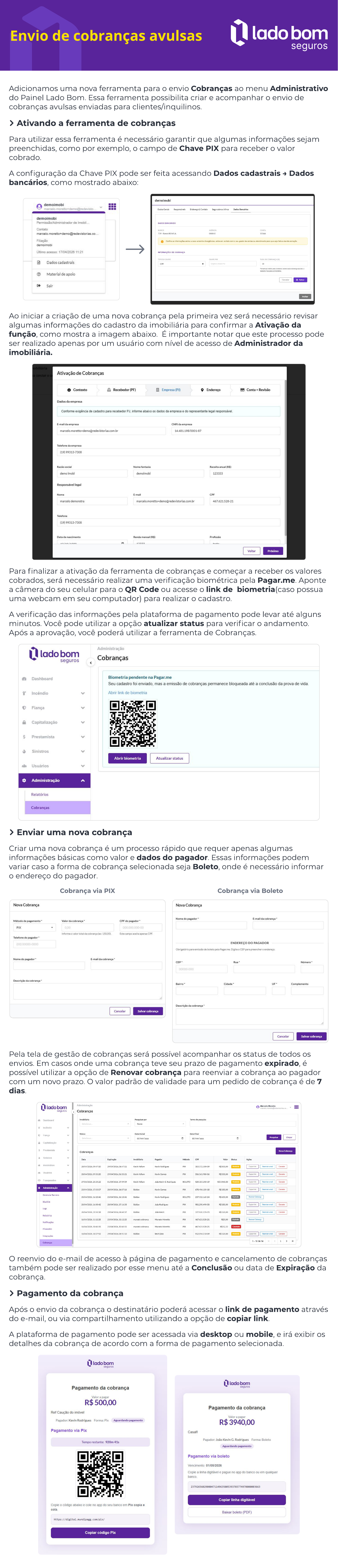 Guia visual de cobranças avulsas no Painel Lado Bom