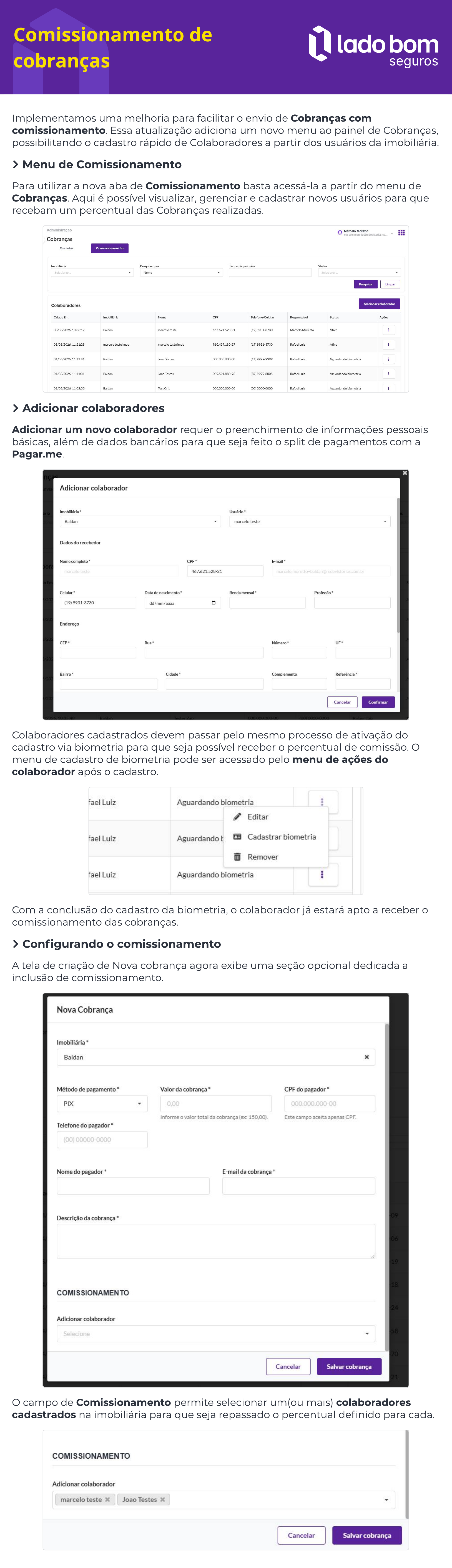 Guia visual de comissionamento de cobranças