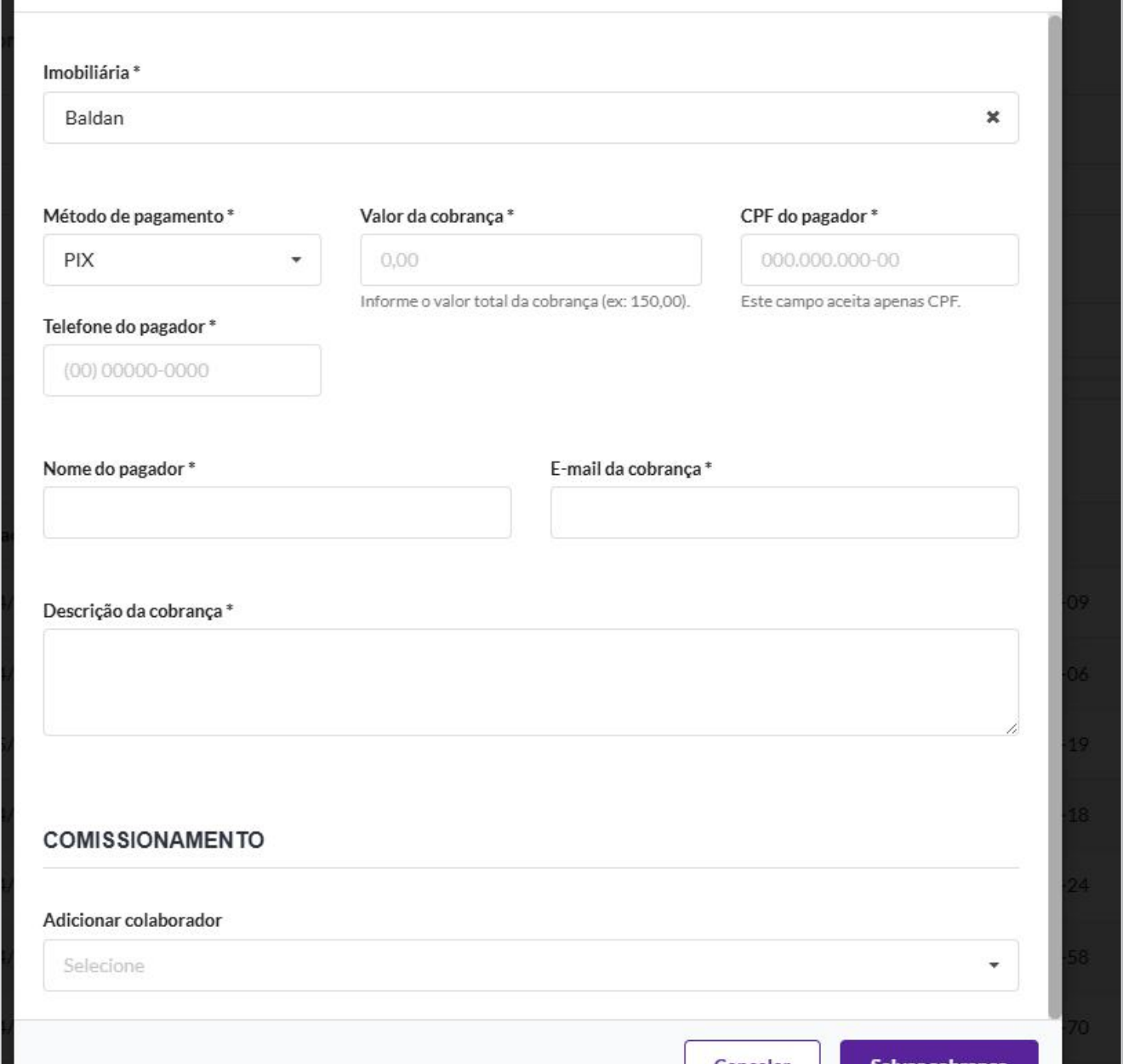 Seção de comissionamento na criação de nova cobrança