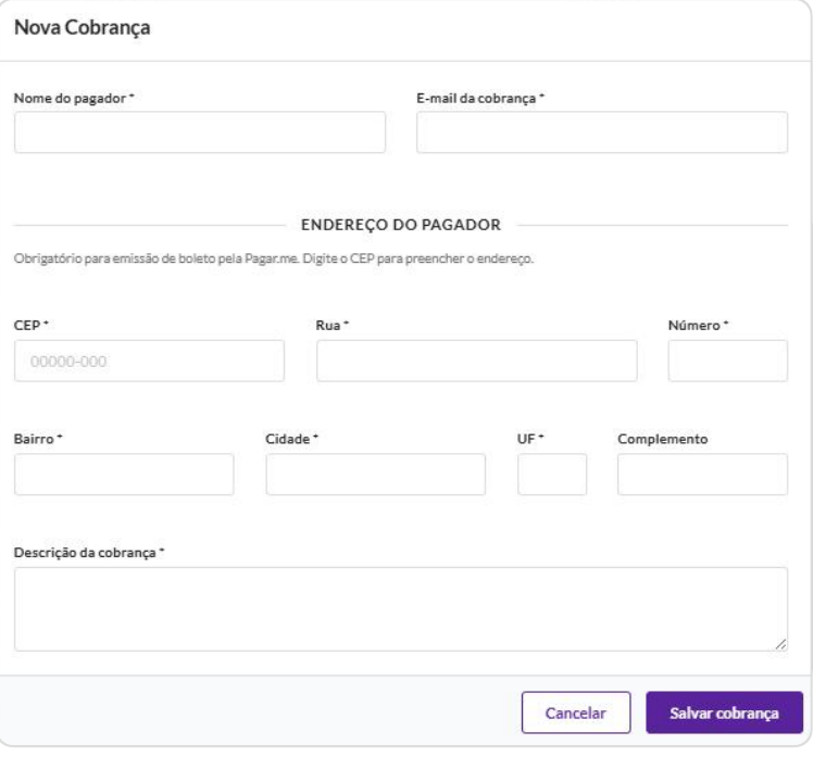 Tela de nova cobrança por boleto