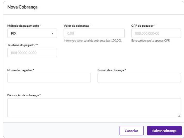 Tela de nova cobrança por PIX