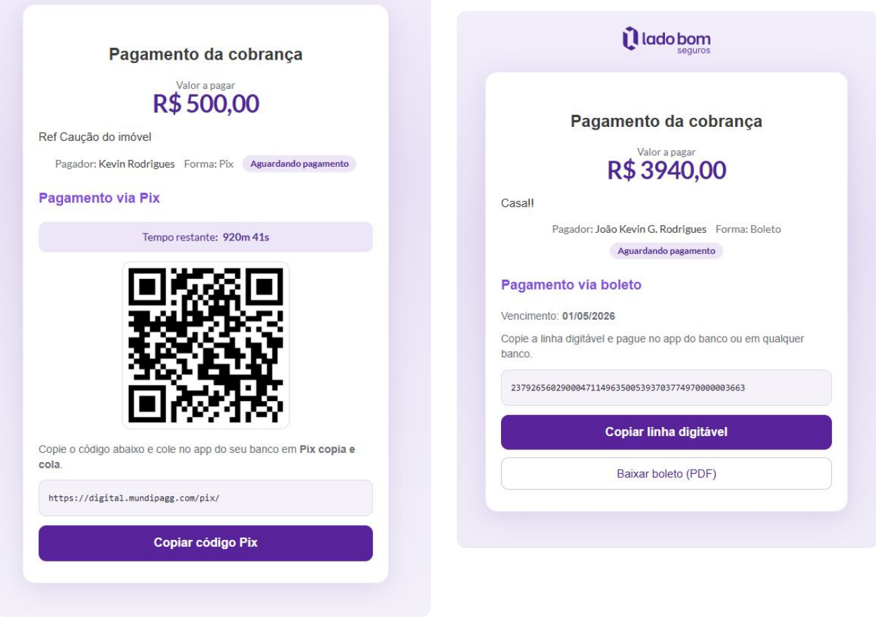 Tela de pagamento da cobrança para o pagador